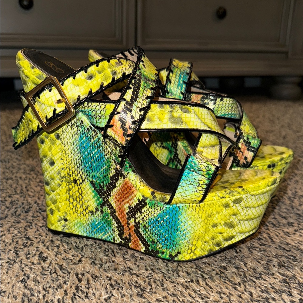 Vibrant Snake Print Wedge Sandals